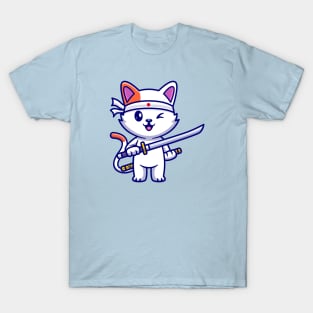 Cute Cat Holding Sword Katana Cartoon T-Shirt